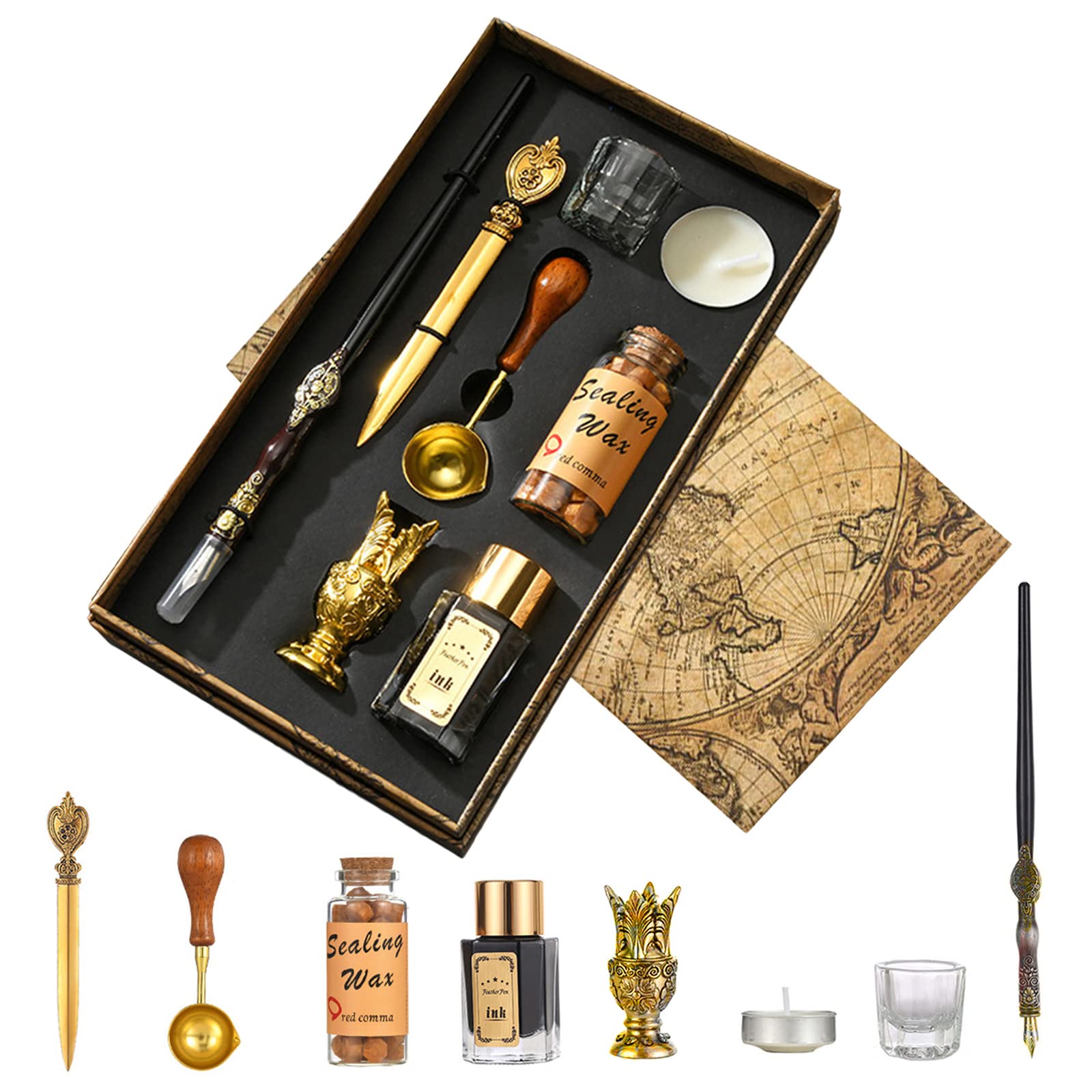 Joyeee Artist Dip Pen with Ink, Wooden Dip Pen, Bottle Sealing Wax Beads, Tea Candle, Glass Cup, Gold Letter Opener, Wooden Pen Holder and Wax Seal Spoon, Teacher Gift Box for Women Men…