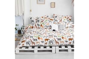 BlueBlue Safari Kids Duvet Cover Set Queen, 100% Cotton Bedding for Boys Girls Teens Lion Elephant Rhino Giraffe Zebra Zoo Print on White, 1 Full Soft Comforter Cover 2 Pillow Shams