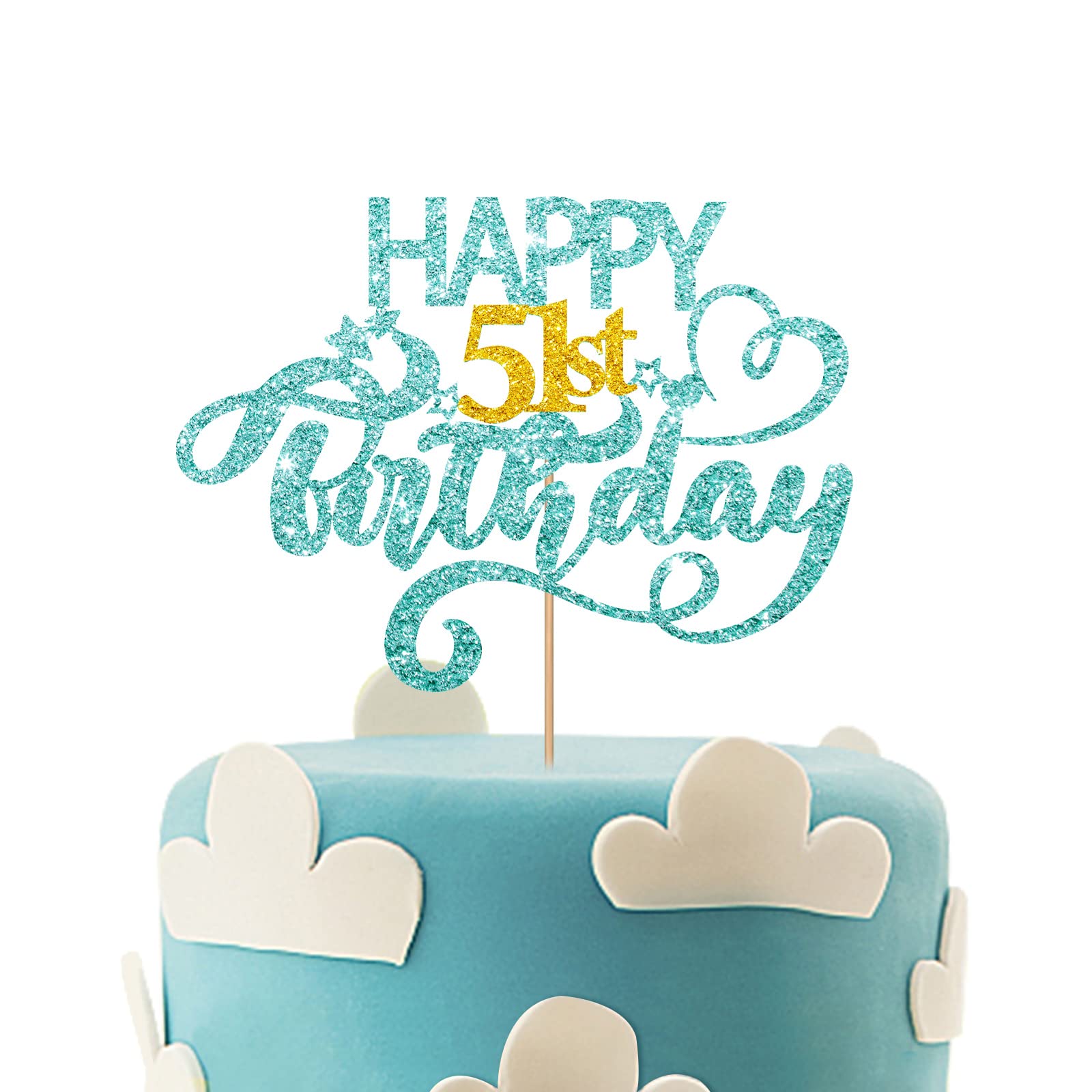 Photo 1 of Sky Blue Glitter Happy 51st Birthday Cake Topper, Fifty One Years Old Birthday Party Cake Decor, Gold Number 51 Birthday Party Supplies Decorations for Man or Woman