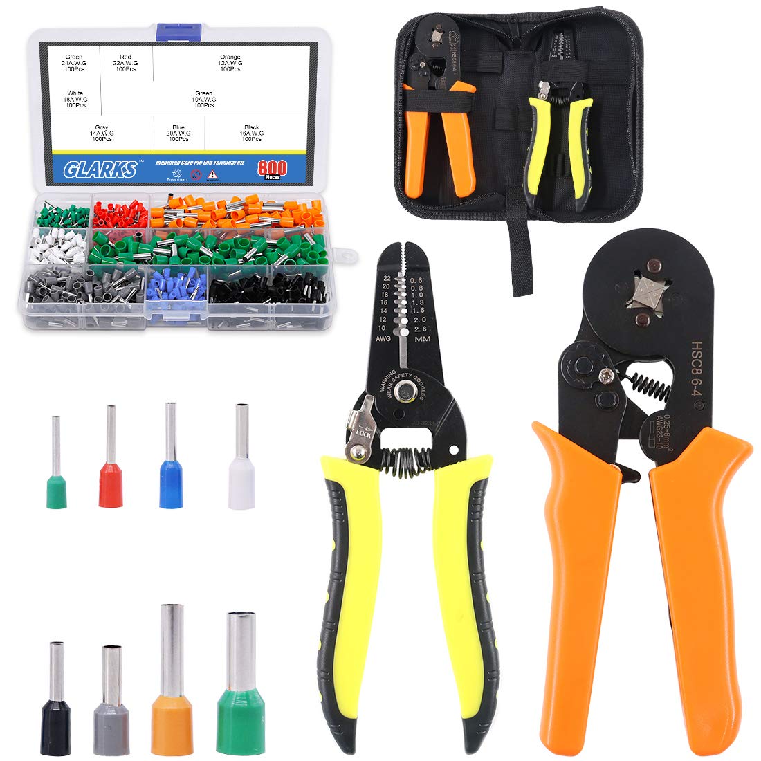 GLARKS Ferrule Crimping Tool Kit, Black, Crimping Pliers, Wire Stripper, 800pcs Insulated Terminals, Storage Bag