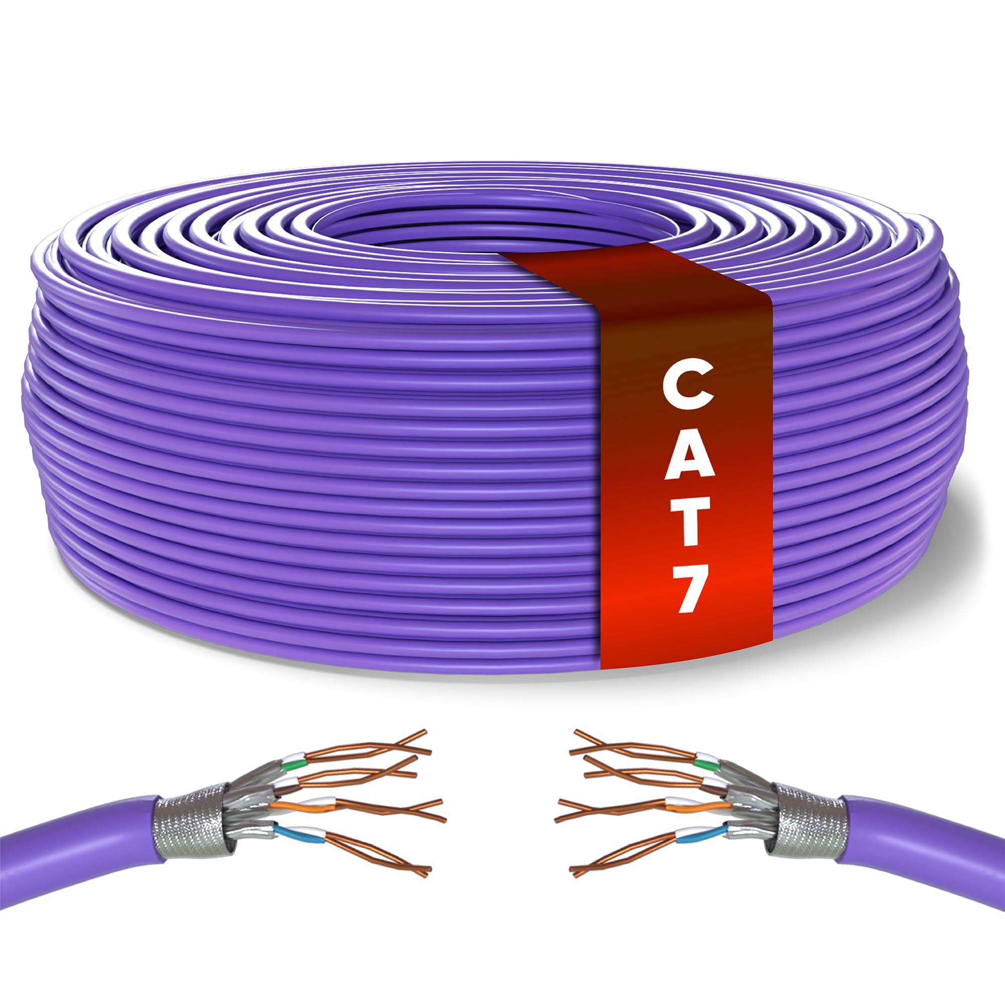 Mr. Tronic Bulk Cat 7 Ethernet Cable 50m, High Speed Pure Copper LAN Ethernet Network Cable, 600 MHz 25m Bulk Cat7 Internet, 10 Gbps, ADSL, SFTP 100% Bare Copper (50 Meters, Purple)