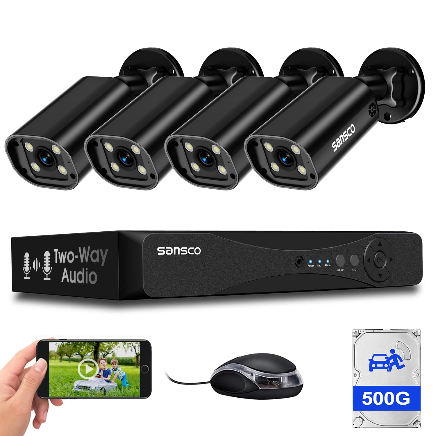 SANSCO 2-Way Audio/Talk, 3K Color Night Vision, Wired CCTV Camera System Outdoor with 500GB Hard Drive, 4 Channel DVR, 4 x 5MP Home Security Bullet Cam, Face/Human/Vehicle Detection, Remote Access