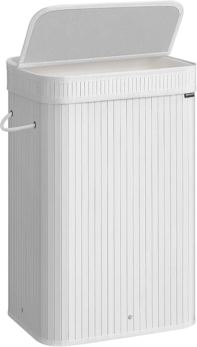 SONGMICS Bamboo Laundry Hamper with Lid 72 L Removable Liner Cloud White