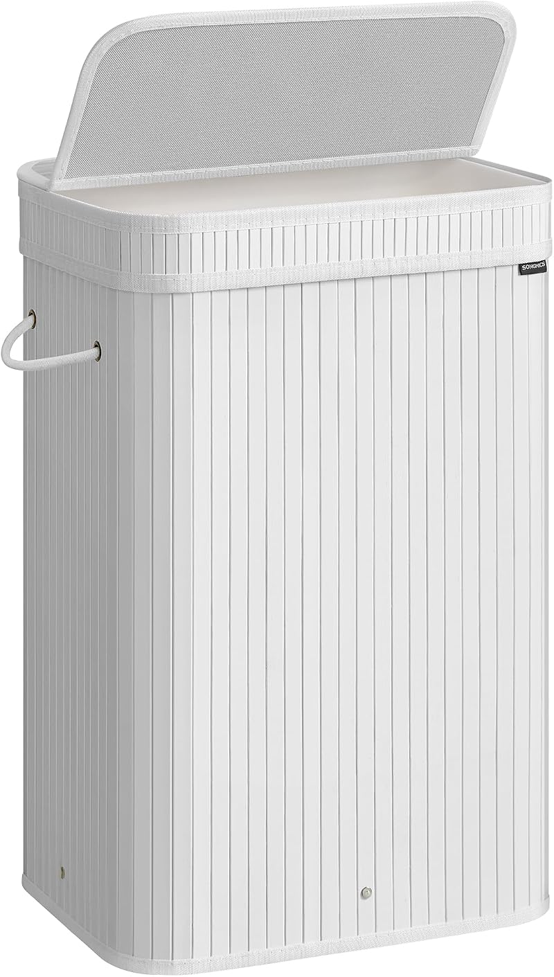 SONGMICS Bamboo Laundry Hamper with Lid 72 L Removable Liner Cloud White