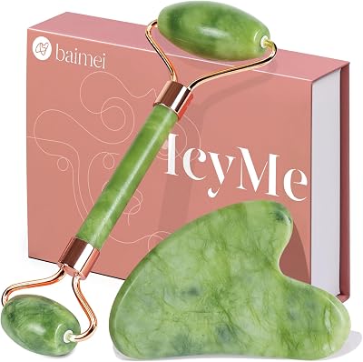 BAIMEI Jade Roller Gua Sha Set for Women Facial Massage Natural Xiuyan Jade