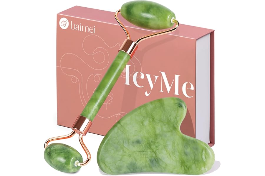 BAIMEI IcyMe Gua Sha & Jade Roller Facial Tools Face Roller and Gua Sha Set for Puffiness and Redness Reducing Skin Care Routine, Self Care Gift for Men Women – Green