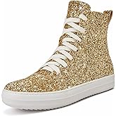 UBWDU Women's High Top Glitter Tennis Sneaker Platform Sneaker with Zipper Rhinestone Bling Wedding Bridal Shoes Shiny Sequin Shoes