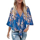 Bluetime Womens Summer Tops Boho 3/4 Sleeve V Neck Tie Front Shirts Casual Floral Blouses