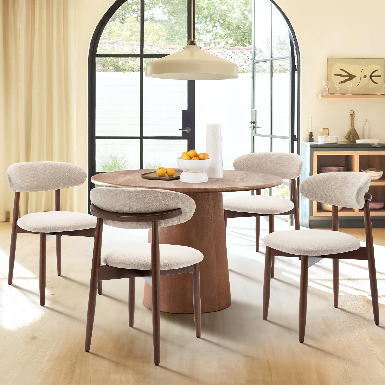 COLAMY Wooden Dining Chairs Set of 4, Modern Fabric Upholstered Kitchen Side Chairs, Farmhouse Dining Room Chairs with Foot Pegs, Beige