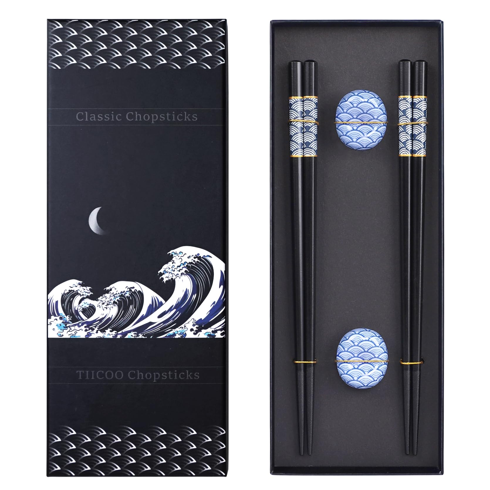 TIICOO Japanese Style Reusable Wooden Chopsticks Gift Set-2 Pairs Natural Wood Chopsticks+2 Ceramic Chopstick Rests, Dishwasher Safe, Eco-Friendly, Non-Slip, 22.5cm (8.85 Inches), Sushi & Asian Dining