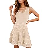 Wenrine Women's Summer Mini Dresses Sleeveless Knitted Crew Neck Casual Crochet Hem Slim Cute Tank Dress