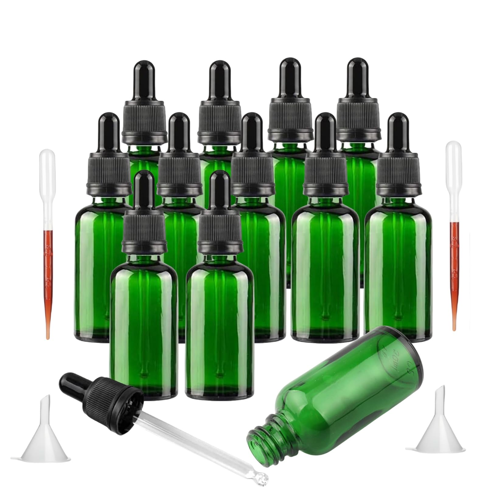 Bakiauli 12 Pieces 30ml Green Dropper Bottle with Pipette Dropper, Refillable Glass Bottle Come with 2 Funnel and Dropper for Essential Oil Aromatherapy Blends