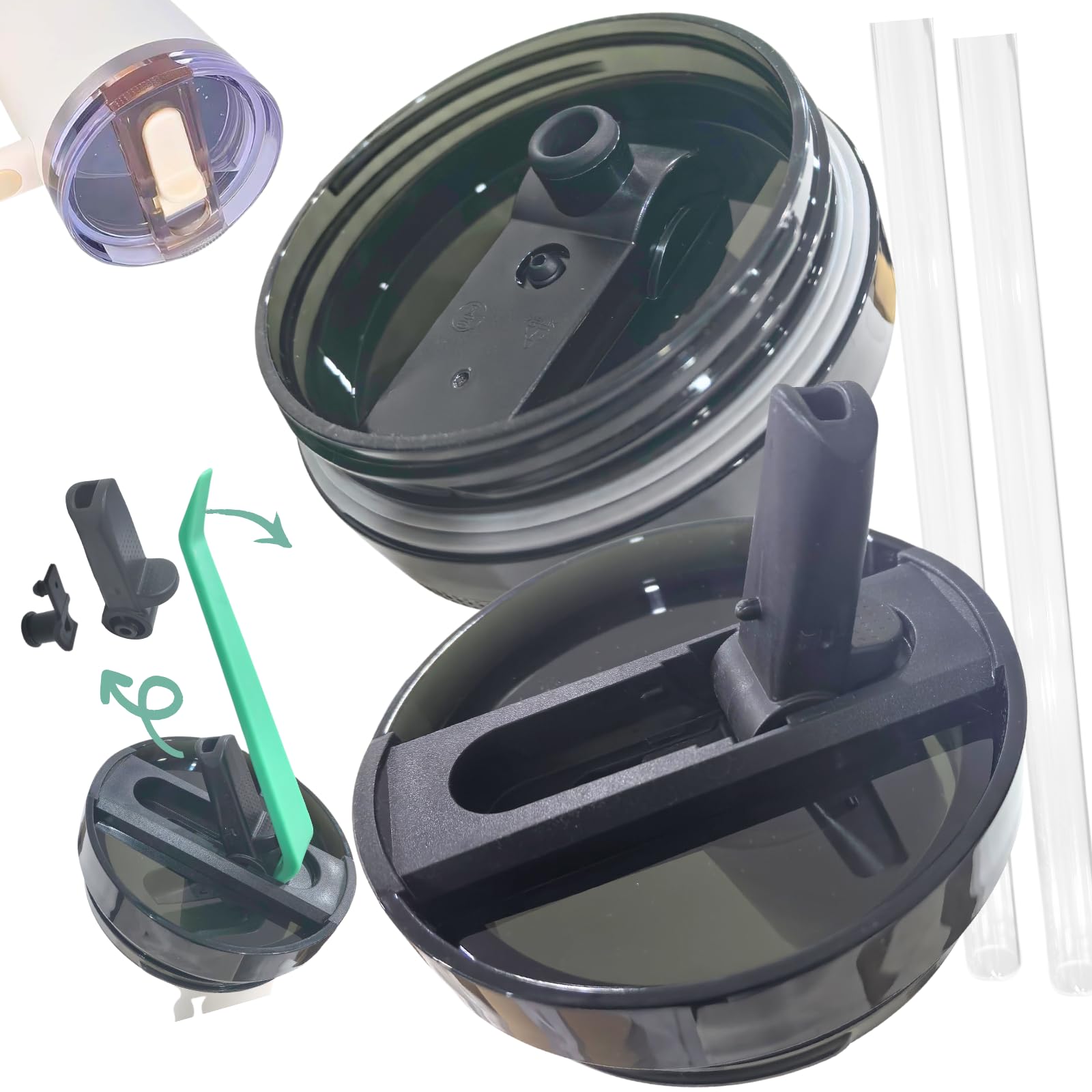 Photo 1 of ?????????? Leak Proof Flip Straw Lid Replacement for 40oz Stanley Tumbler,No Spill Accessories with Extended Straw & Detachable Lid (Black on Black)