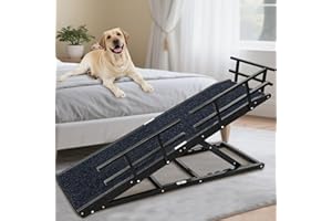 JOPAVO Dog Ramp for Bed - 65" Length, Supports up to 32" Height,Includes Non-Slip Replaceable Carpet, Safety Rails & Landing Platform,Adjustable & Foldable Pet Ramp for Large/Senior Dogs to Get on Bed-Black