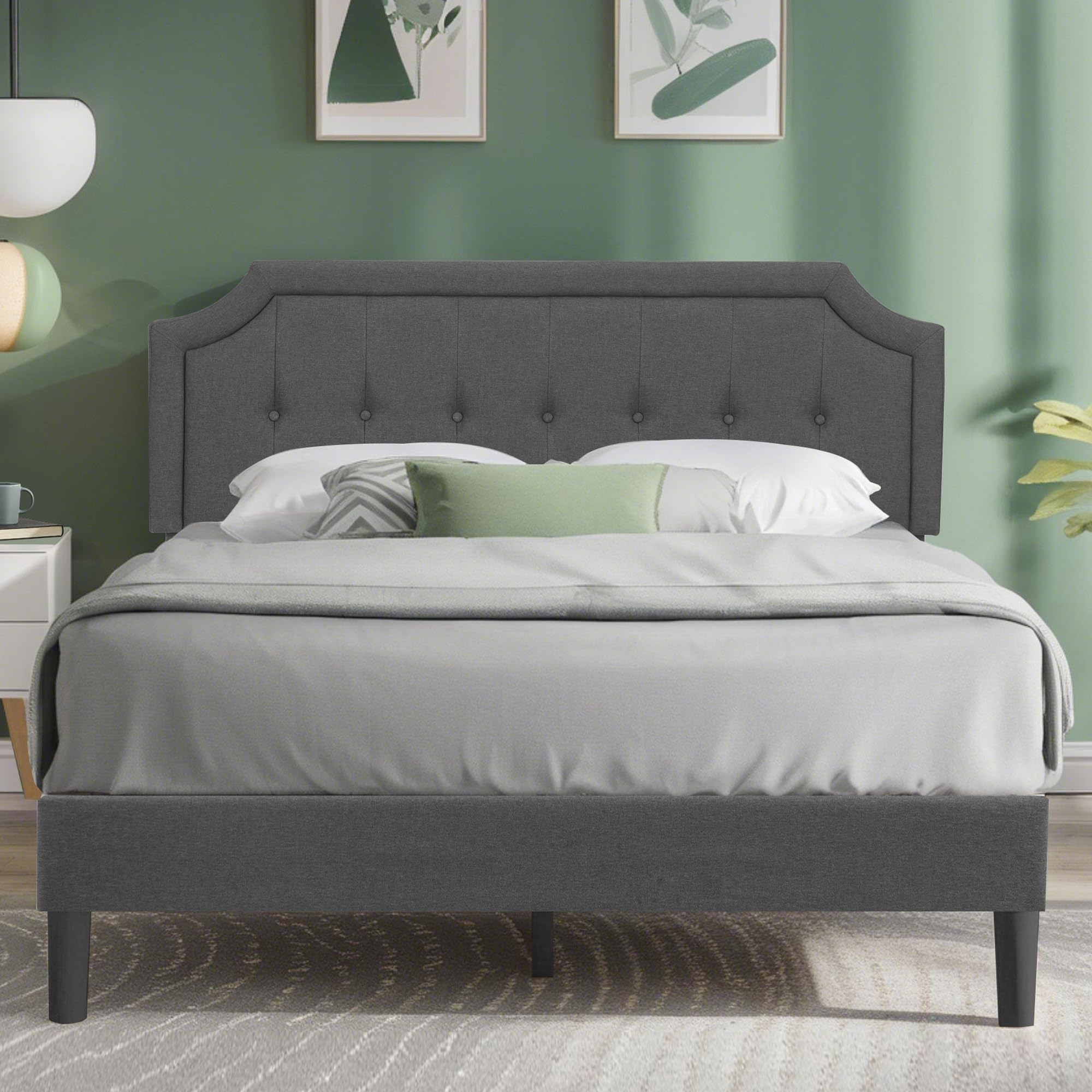 VECELO Queen Size Platform Bed Frame with Fabric Upholstered Headboard and Wooden Slats Support, No Box Spring Needed/Easy Assembly,Grey Image VECELO Queen Size Platform Bed Frame with Fabric Upholstered Headboard and Wooden Slats Support, No Box Spring Needed/Easy Assembly,Grey Image