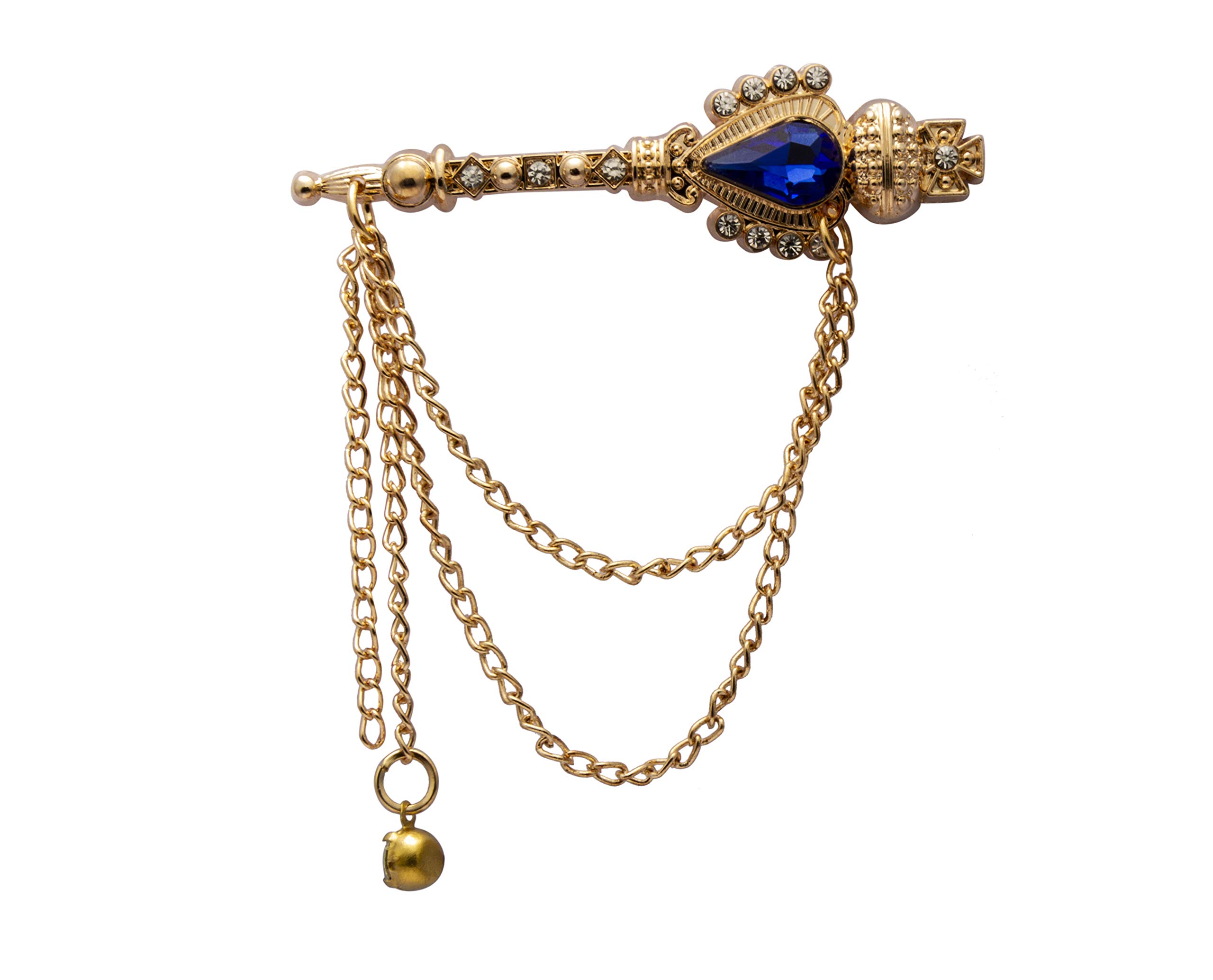 Brooch Lapel Pin for Men Gold with Blue Stone and Hanging Chain Formal Key Lapel Pin Badge Coat Suit Wedding Gift Party Shirt Collar Accessories