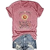 Boho Tops for Women Mystic Moon and Sun Wildflowers T-Shirt Celestial Tees Spiritual Astrology Shirt