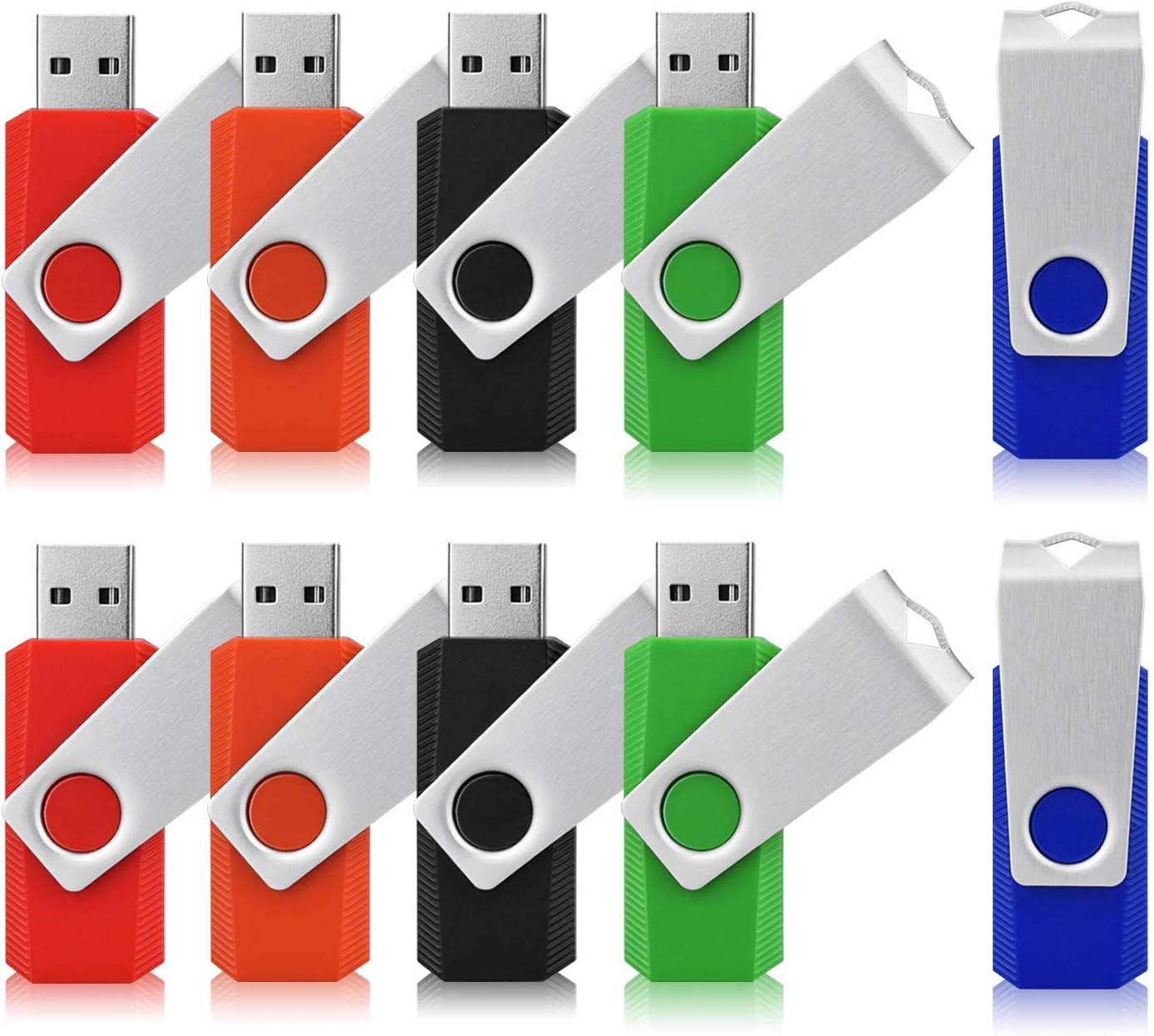 JUANWE USB Flash Drive 10 Pack 2GB USB 2.0 Thumb Drive Swivel Design Jump Drive for PC/Laptop/External Storage Data Memory Stick Portable USB Pen Drive- Black/Blue/Green/Orange/Red(2GB,5 Mixed Color)