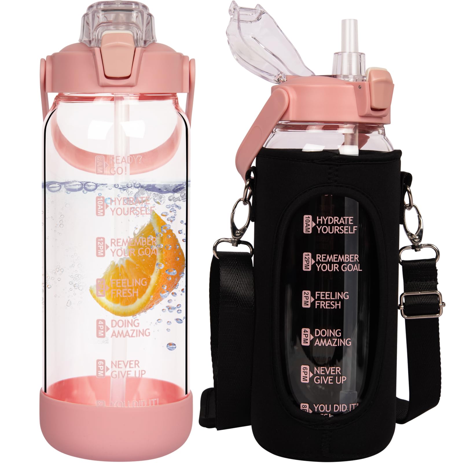 Seekua 2l Glass Water Bottle with Straw & Motivational Time Markings 2 litre Large Leakproof Gym Drinking Bottle