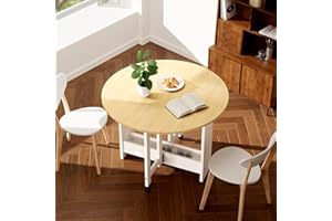 Kasshom Round Drop-Leaf Folding Dining Table, Multifunctional Convertible Dining Room Table for Kitchen/Farmhouse/Living Room, Space Saving Extendable Table with Storage Box and Wheels, Oak