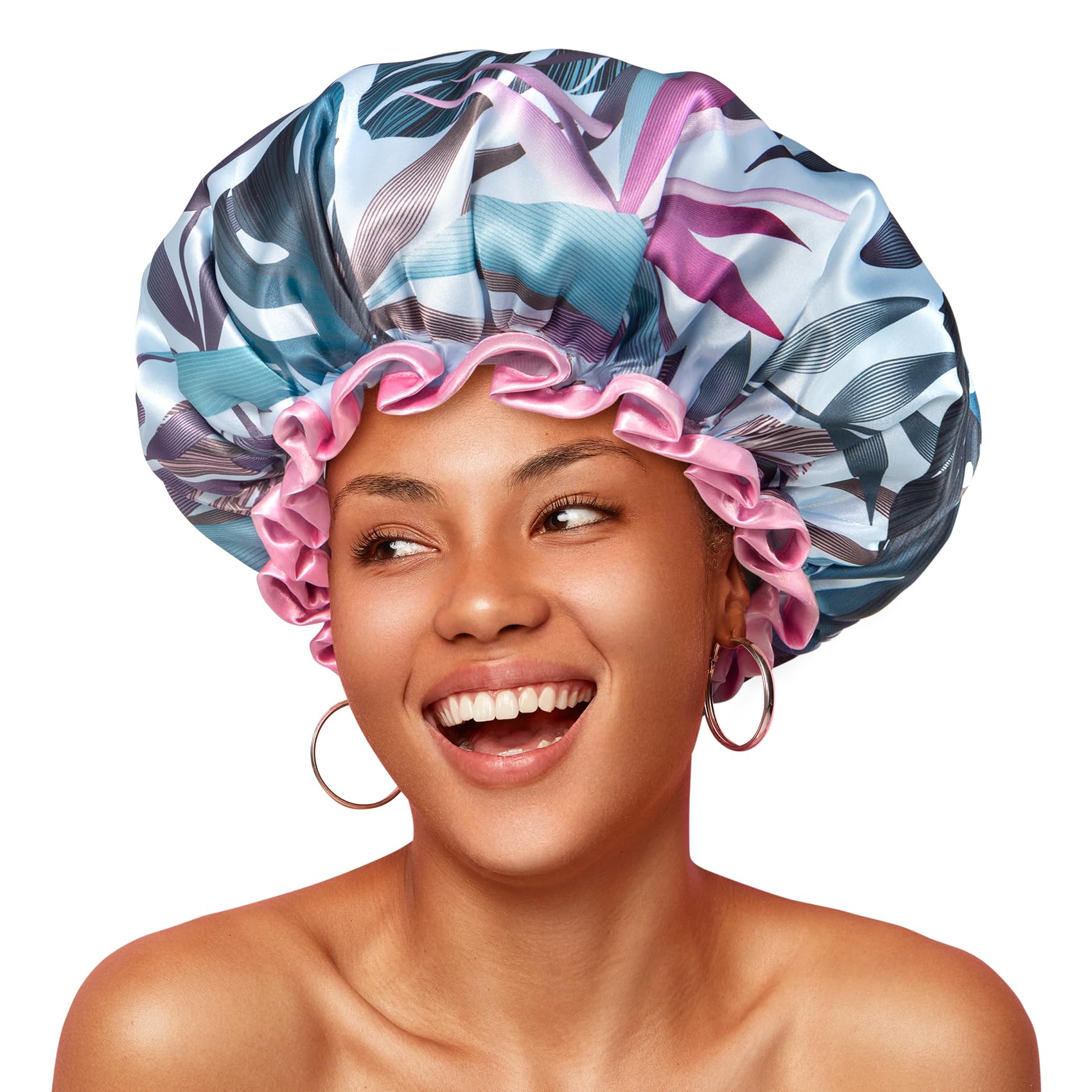 mikimini Waterproof Shower Cap for Women, Reusable Shower Hat with Tropic Style Design, Shower Caps for Ladies with Elastic Bands for Long Thick Hair, Medium