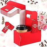 MotiMind 20 Pack 2 Cup Drink Carrier with Handle Kraft Paperboard Cup Holder Portable for Valentine Mother's Day Teachers' Day for Hot Cold Drinks Coffee Caddy with Heart Card Rope (Red)