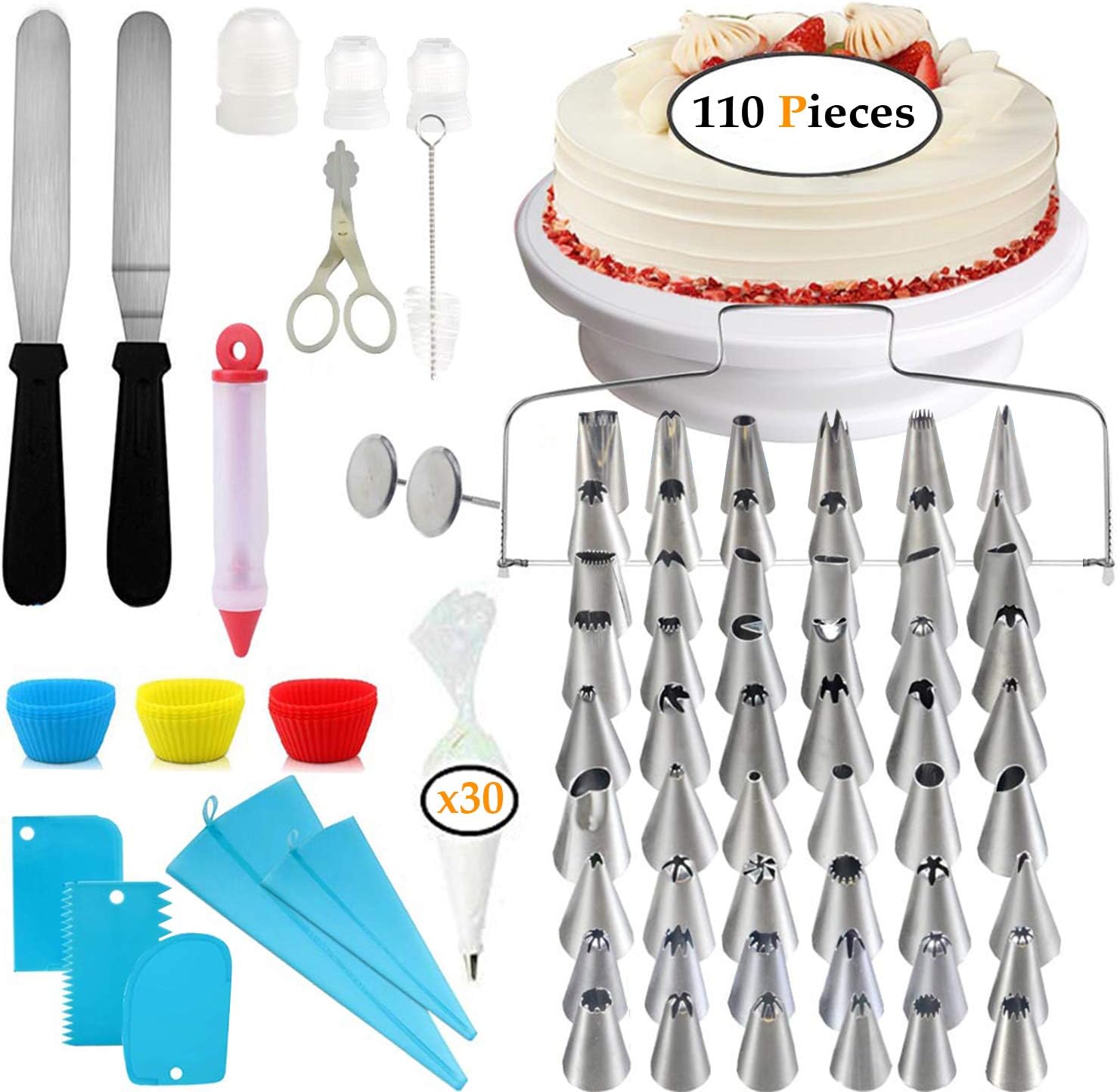 106 Pcs Cake Decorating Supplies Kit for Beginners - Cake Decorating Kit Turntable stand-Icing tips with pattern chart 1 Cake Leveler-Straight & Angled Spatula-3 Russian Piping nozzles-Baking tools
