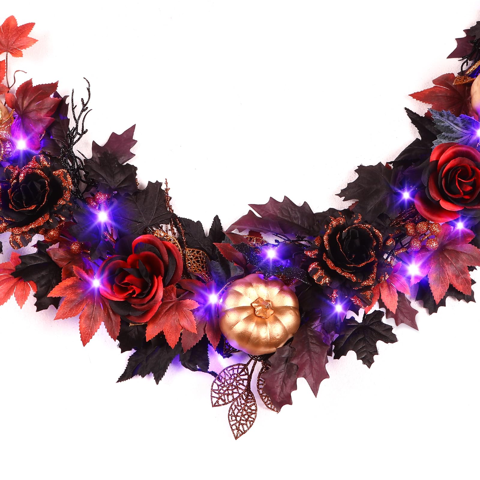 Photo 1 of SHareconn 6FT Halloween Garland with Purple Lights Battery Operated and Timer, Pre-Lit Black Red Maple Leaves Lighted Garland Decorations for Fireplace Mantle Centerpiece Indoor Outdoor Decor, 6 FT