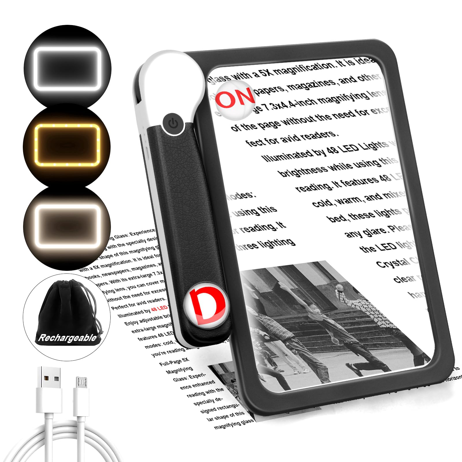 Photo 1 of 30X 10X 5X Large Magnifying Glass with Light, Rechargeable Foldable Full Book Page Magnifier, 48 LED Light Small Print Magnifier Sheet Lightweight for Low Visual Person Seniors Black