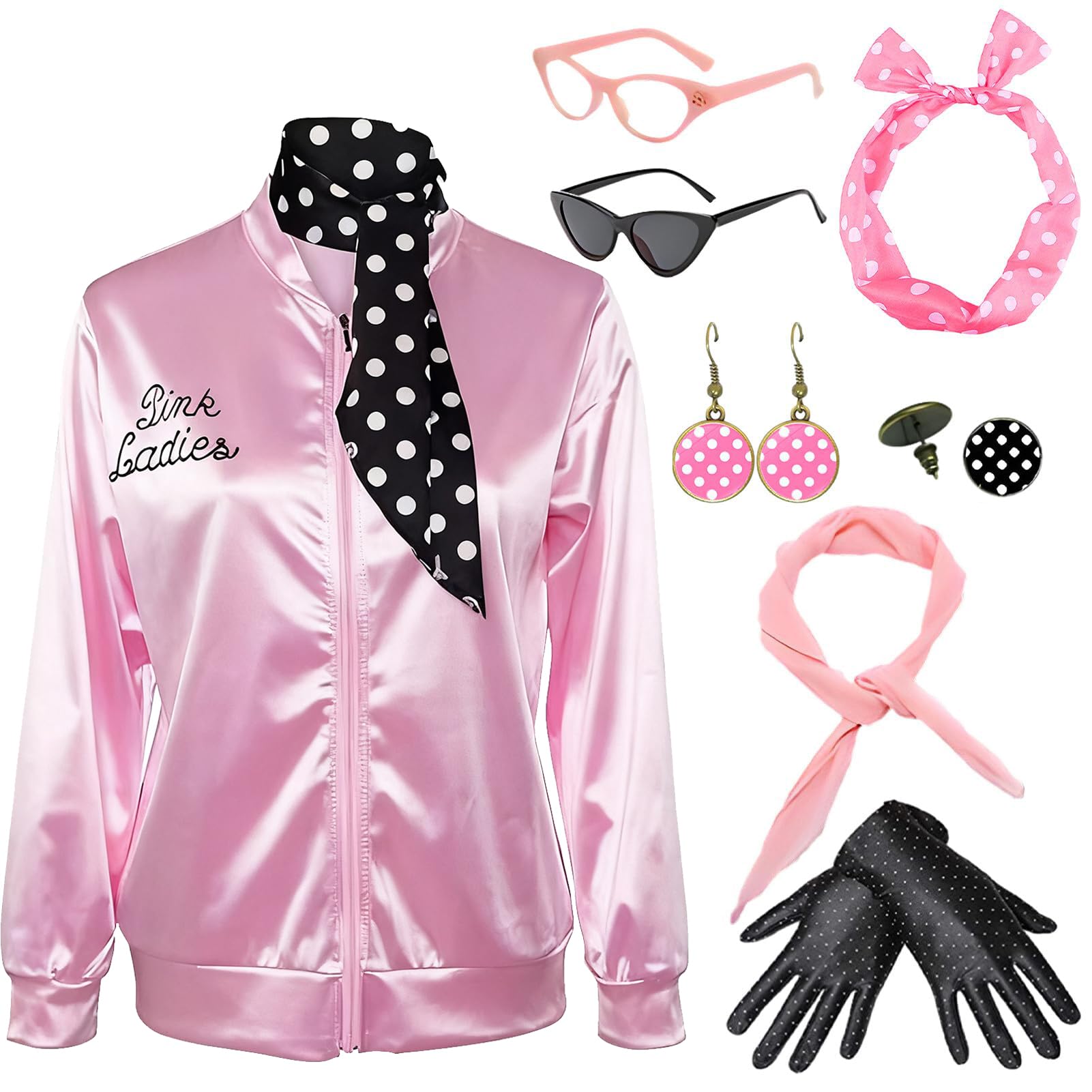 Amycute Pink Ladies Jacket 1950s Pink Satin Jacket with Polka Dot Scarf Cat Eye Glasses, Grils Women Halloween Cosplay Hen Party Fancy Dress Up Props