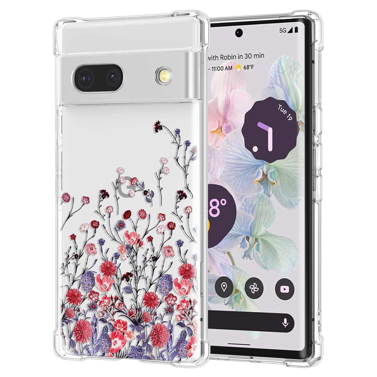 RALEAVO Compatible with Google Pixel 7a Clear Floral Case Girly Soft Slim Bumper Case with Flower Pattern for Pixel 7a-Red Flower — image 1