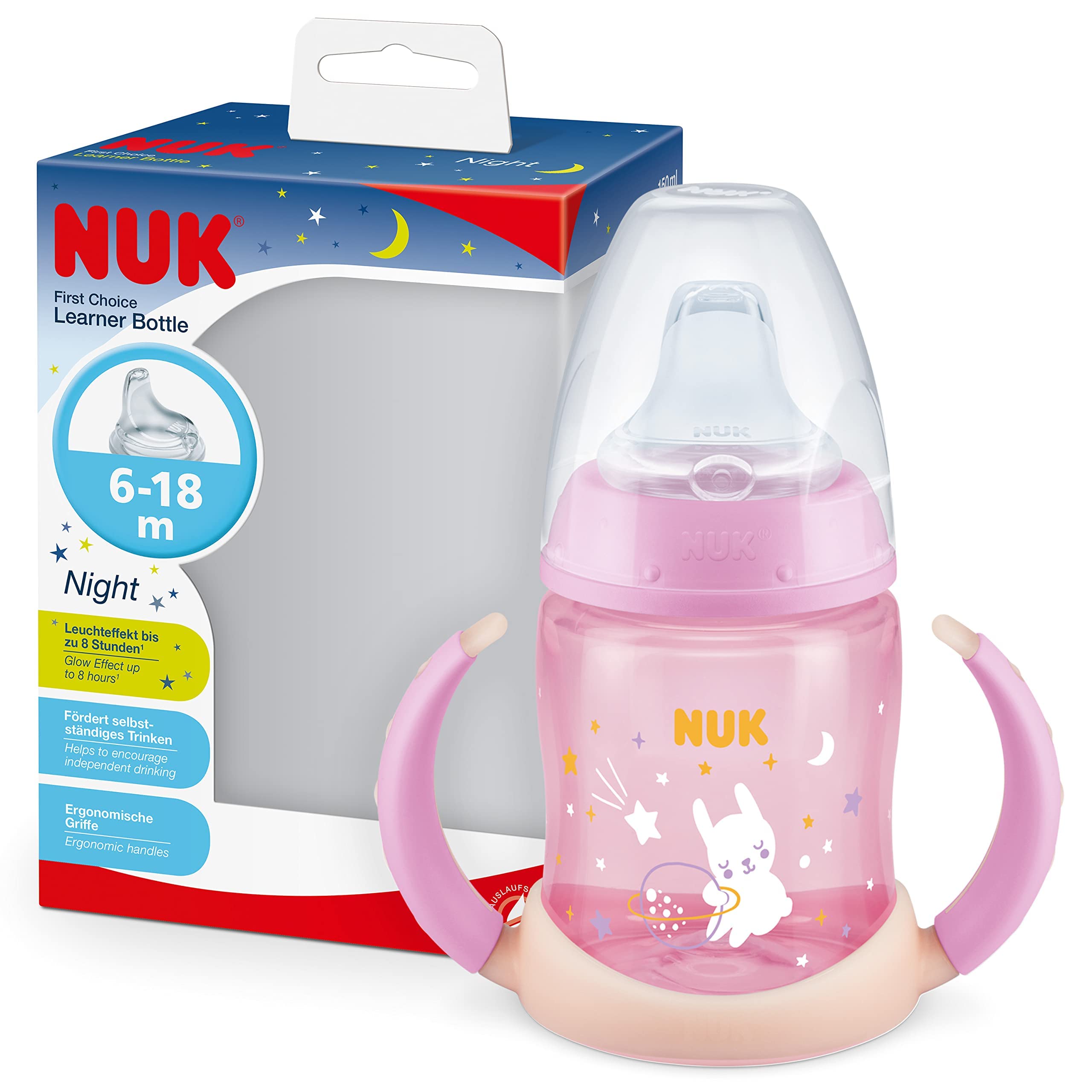 NUK First Choice Sippy Cup Night | 6-18 Months | 150 ml | Glow in The Dark | Handles & Orthodontic Silicone Spout | Leak-Proof | Anti-Colic | BPA-Free | Pink