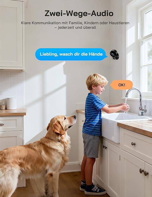 Überwachungskamera Innen 1080P, Mini Kamera WLAN für Zuhause mit Nachtsicht, Bewegungserkennung, 2-Wege-Audio, Ohne Monatsgebühr, Kompatibel mit Alexa & Google Home, Nur 2,4GHz WLAN