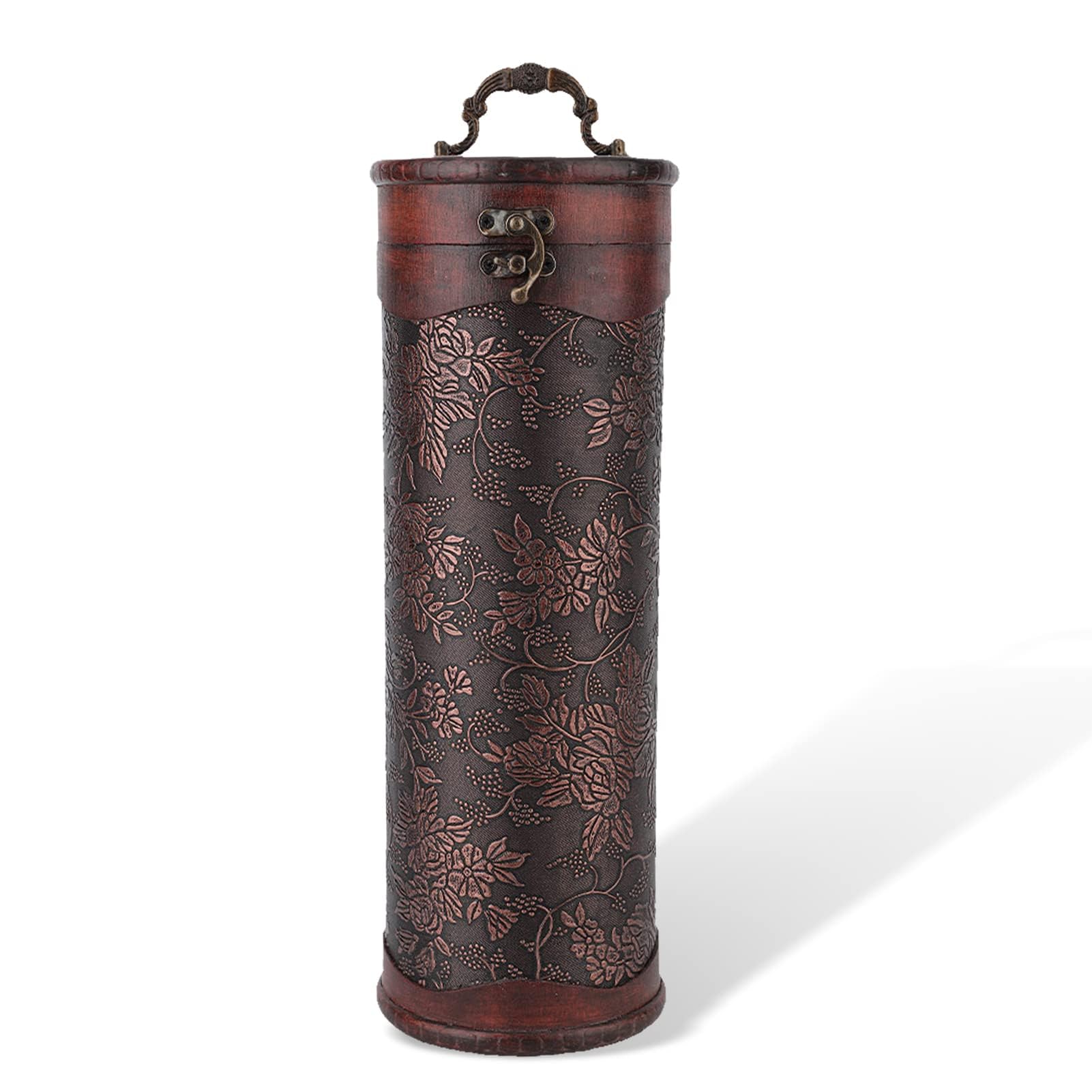 Vintage Single Wine Bottle Gift Box with Handle - 13.4x4.5x4.3in Wooden Treasure Chest for Champagne or Whisky