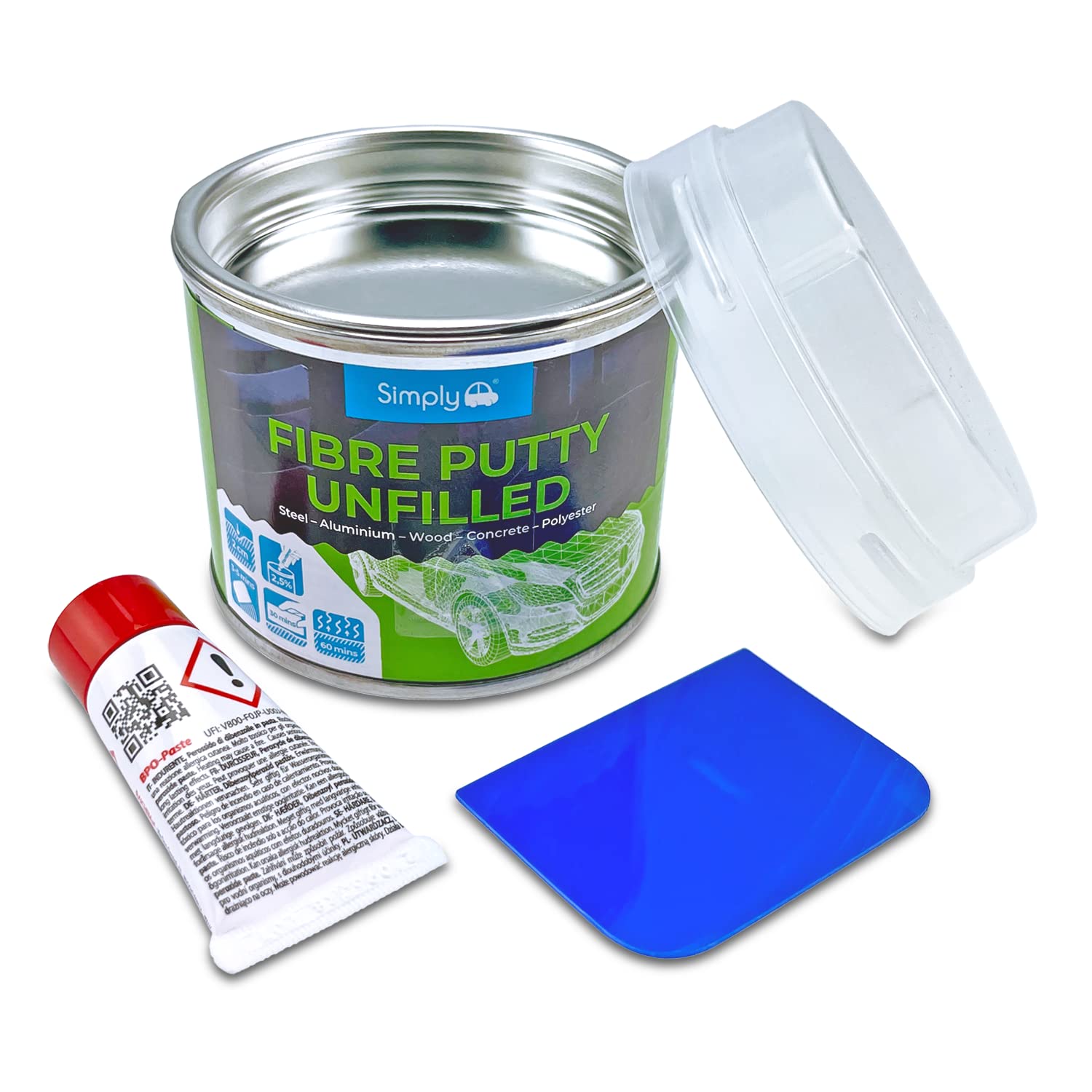 simply Auto Fibre Putty Unfilled 250g - Extra Hard Filler For Medium Damage To Car Body Work, Grey,Packaging may vary