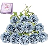 JUSMAI 12pcs Roses Artificial Flowers Dusty Blue Silk Roses with Long Stems Fake Flowers for Wedding Bouquet Centerpices Decorations Party Bridal Baby Shower Home Decor