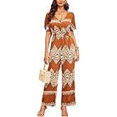DUKAKII Women's Floral Jumpsuit Boho Jumpsuit Floating Short Sleeve V-Neck Elasticized Drawstring Jumpsuit with Pockets