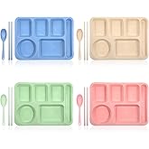 Alrhso 4Pcs Plastic Sectioned Plates Trays Divided Plates for Adults 14 Inch Reusable Wheat Straw Lunch Trays 6 Compartment Unbreakable Portion Control Plate for Dinner Lunch