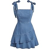 SHENHE Women's Tie Shoulder Sleeveless Denim Mini Dress Layered Ruffle Hem Jean Dress