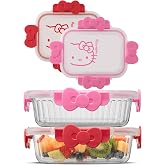 JoyJolt Sanrio Hello Kitty Fluted Glass Food Storage Containers with Lids, 2x Airtight Glass Storage Containers with Lids for Kitchen, Reusable Lunch Meal Prep Container, Cute Hello Kitty Gifts