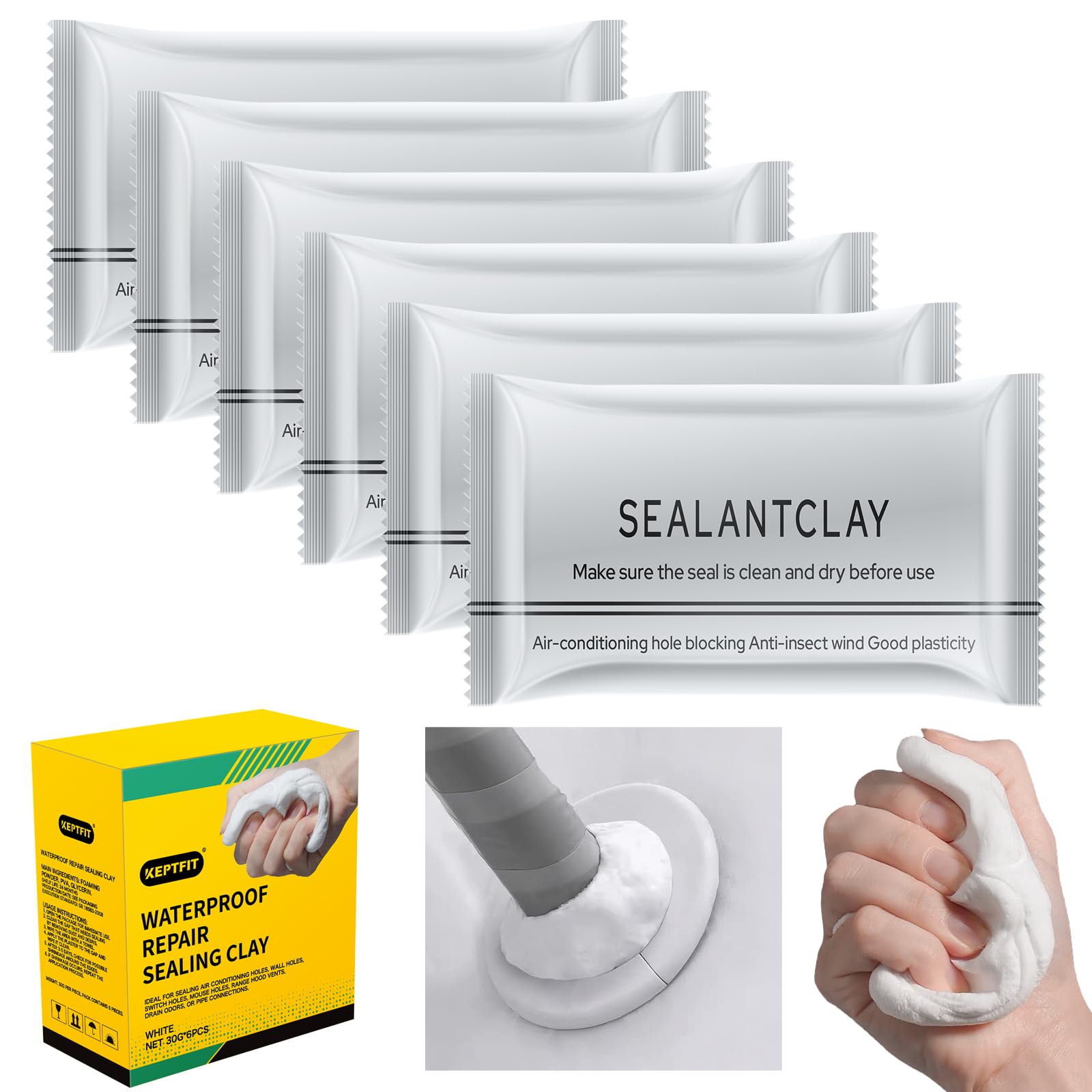 Photo 1 of 6-Pack New Type White Waterproof Sealant Mastic, Repair Sealing Clay, Quick Mending Mud for Drain Connection, Wall Hole, Air Conditioning Hole Waterproof Seal Putty