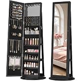 LVSOMT LED Jewelry Cabinet Standing, 360&deg; Swivel Jewelry Armoire, Black | Full Length Mirror with Storage, 3 Rear Shelves, Internal Mirror, 3 Color Lights, Lockable for Bedroom, Women Girls Gift