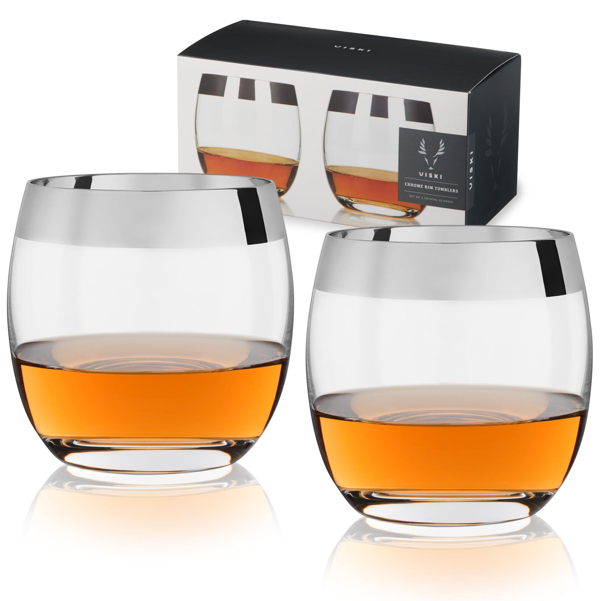 Viski Irving Chrome Rim Crystal Lowball Tumblers Set of 2, Lead-Free Premium Crystal Clear Glass, Stylish Lowball Whiskey Glasses, Cocktail Glass Gift Set, 9oz (266ml)