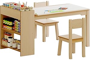 MOOITZ Kids Art Table, Wooden Kids Activity Table for Playroom, Kids Craft Table with 2 Chairs, 4 Storage Baskets, 2 Rows of Storage Racks and Paper Rolls, Kids Table with Storage (Wood)