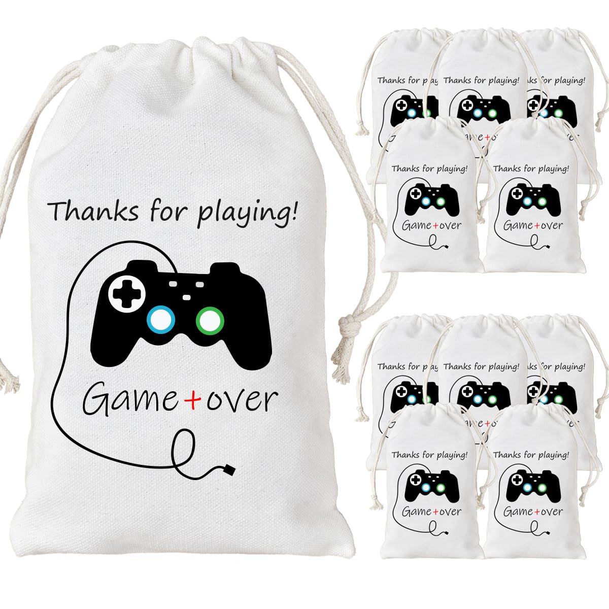 Kreatwow 12 Pack Video Game Party Favors Bags, Gaming Cotton Drawstring Bags, Reusable Treat Candy Gift Bags, Small Goodie Bags for Birthday Baby Shower, Video Game Theme Party Supplies