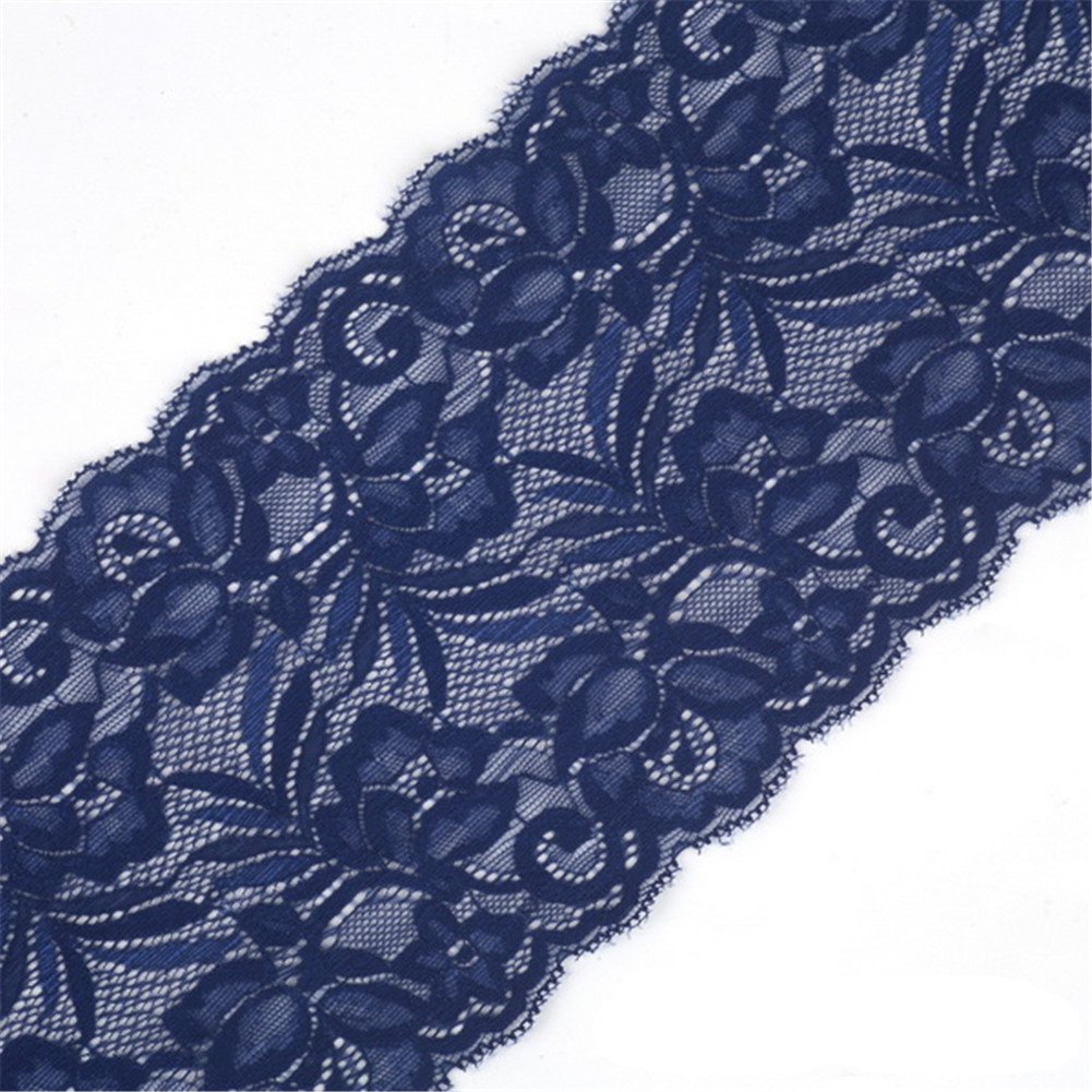 5 Yards Floral Lace Ribbon Stretch Tulle Lace Trim Elastic Webbing Fabric Width 15cm for DIY Jewelry Making Craft Clothes Accessories Gift Wrapping Wedding Party Decoration (Navy Blue)