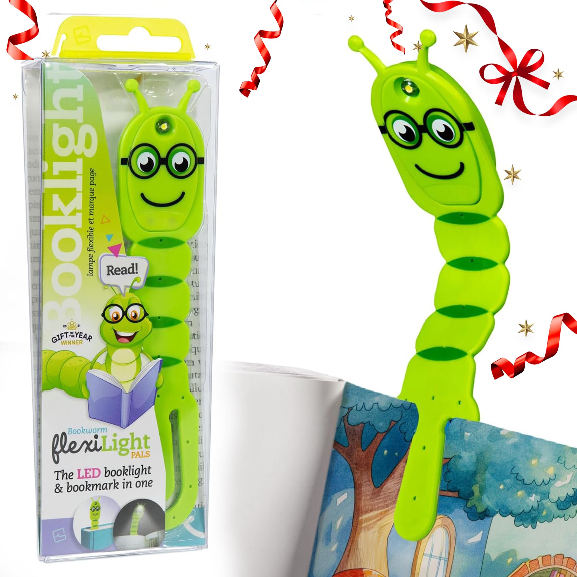 Gifts for Readers & Writers Book Light for Kids, Clip On Reading Light for Bed, 2in1 Flexilight Pals & Bookmark, Small & Lightweight with a Soft Glow, 2 Batteries Included, Bookworm Green