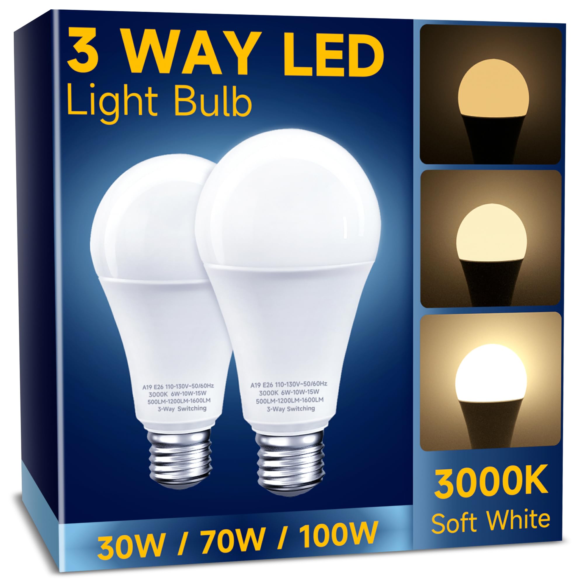 UNILAMP 3 Way LED Light Bulbs, Dimmable (A19) 6/10/15W-2 Pack, Soft White