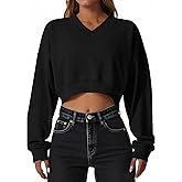 Remidoo Women's V Neck Cropped Sweatshirt Long Sleeve Loose Fit Drop Shoulder Pullover Top