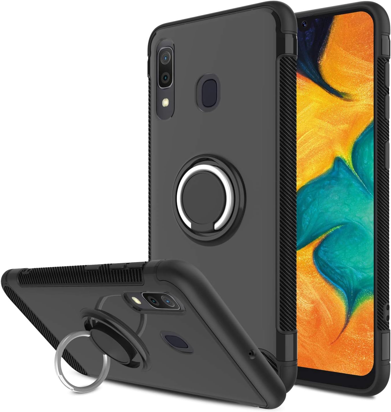 Yunerz Galaxy A20 Case, Galaxy A30 Case, Slim Dual Layer Hybrid Defender Armor 360 Degree Rotating Ring Kickstand Protective Case with Magnetic Case Cover for Samsung Galaxy A20/A30 6.4inch (Black)